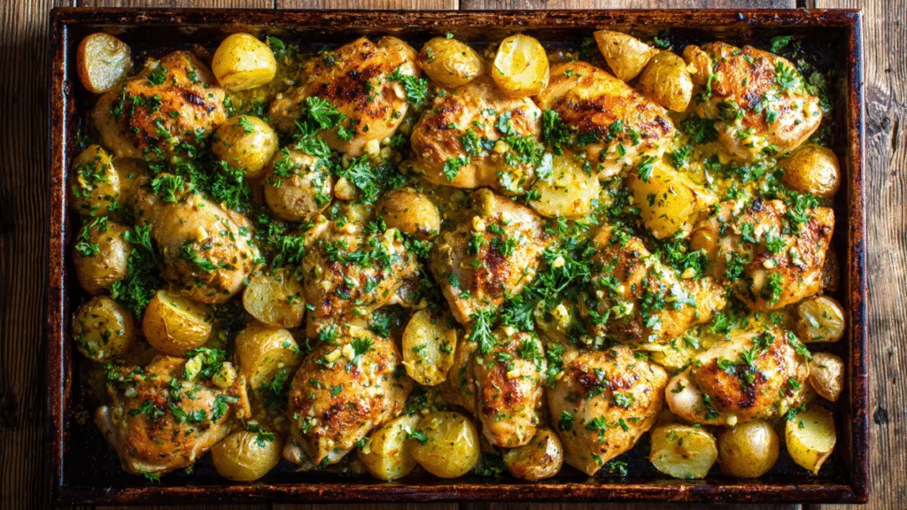 Easy One-Pan Garlic Butter Chicken and Potatoes Garlic Butter Chicken and Potatoes Close-up of a plated serving of garlic butter chicken and potatoes, garnished with rosemary and pan sauce.