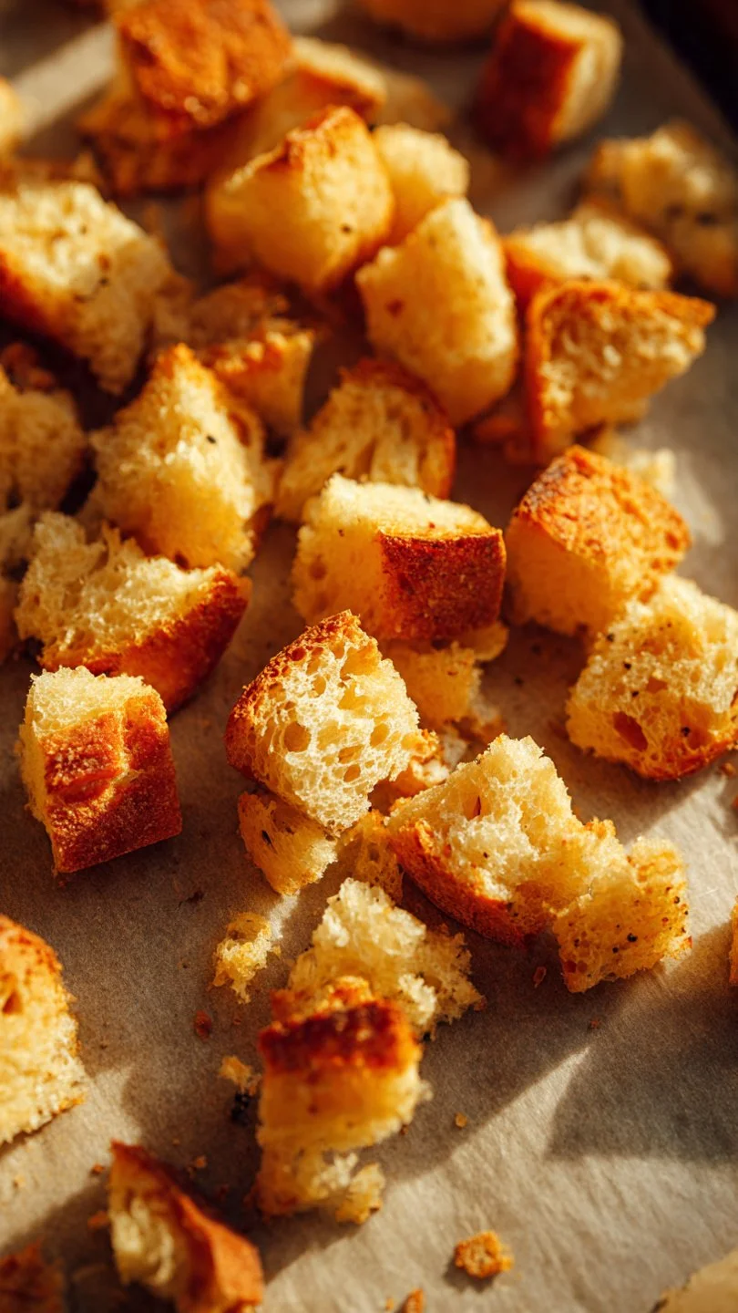 Garlicky homemade croutons on a wooden cutting board with herbs