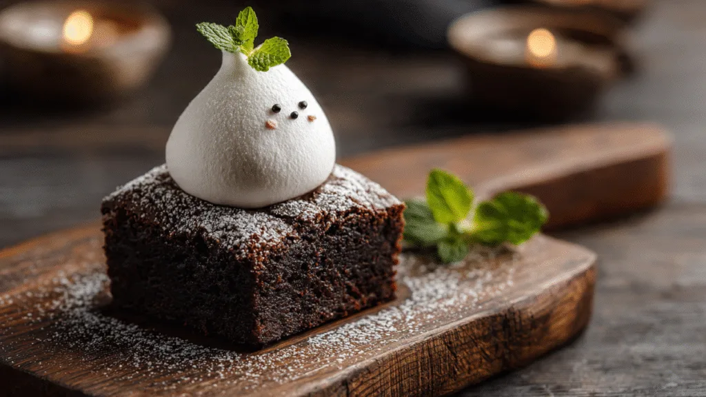 Single serving of ghost brownie on a wooden board, garnished with powdered sugar