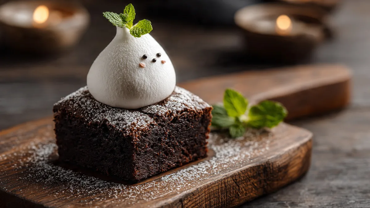 Single serving of ghost brownie on a wooden board, garnished with powdered sugar