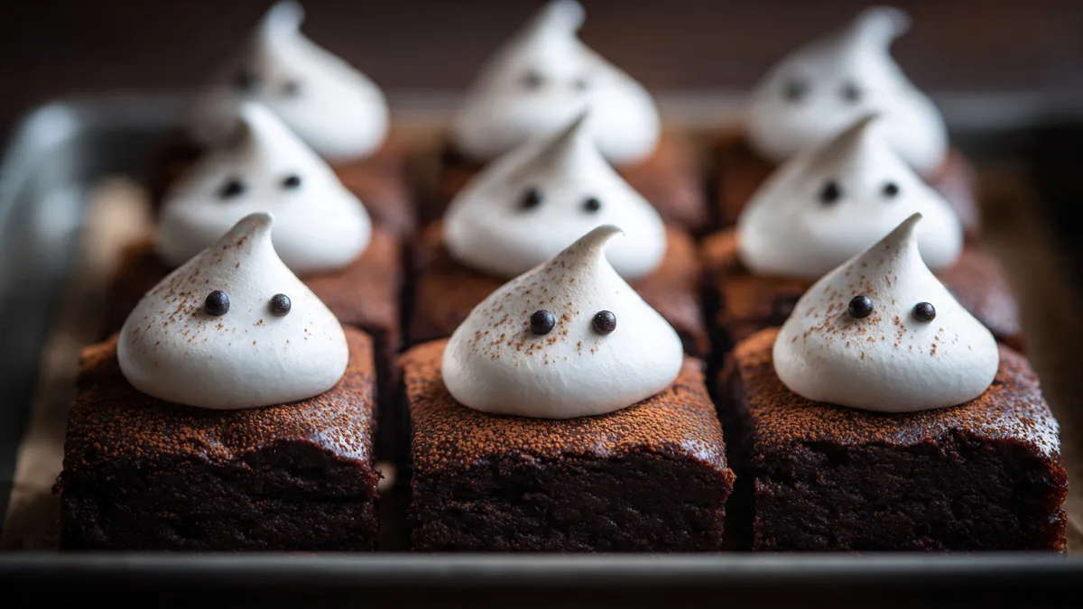 Tray of fudgy ghost brownies with adorable meringue ghosts for Halloween