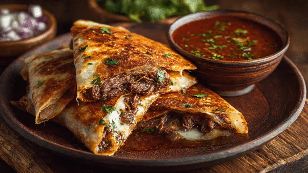 Birria Quesadillas with consommé for dipping, garnished with cilantro, onion, and lime wedge on a ceramic plate.