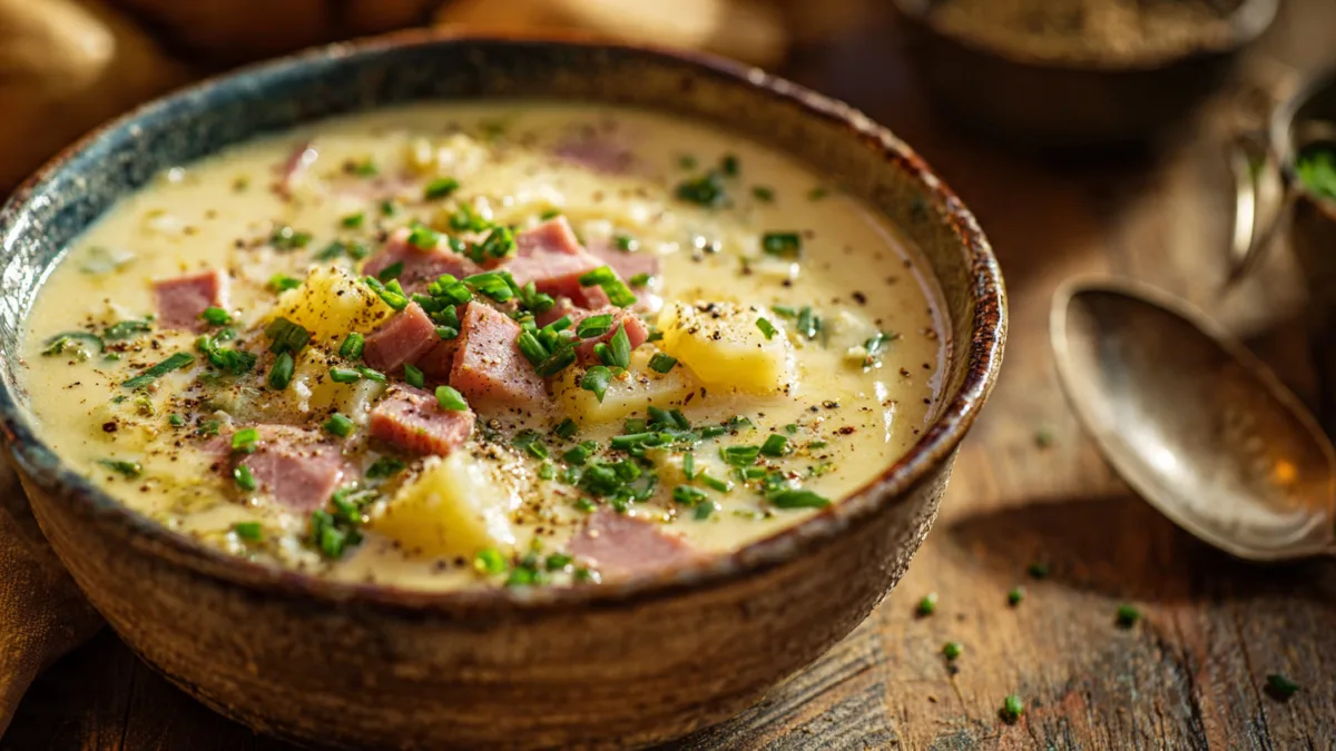 Ham Potato Cheese Soup: Your Ultimate Cozy Comfort Bowl for Chilly Evenings Ham Potato Cheese Soup Steaming bowl of creamy ham potato cheese soup with fresh chives, ready for a cozy meal