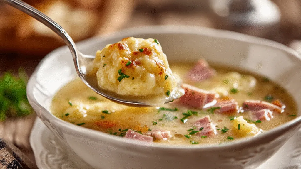 Close-up of a serving of ham and potato soup with cheesy dumplings being dished out.
