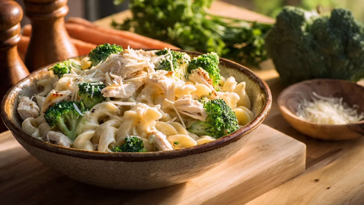 A vibrant bowl of High Protein Rotisserie Chicken Broccoli Pasta with creamy sauce and fresh broccoli, ready to eat.