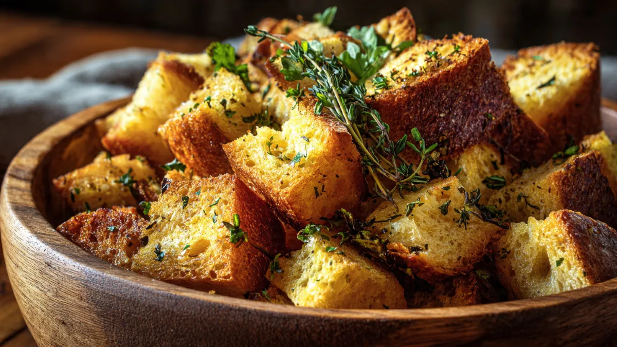 Homemade Croutons: Crispy, Flavorful & Surprisingly Easy! Homemade Croutons Rustic wooden bowl filled with golden, crispy homemade croutons and fresh herbs, ready to be enjoyed.