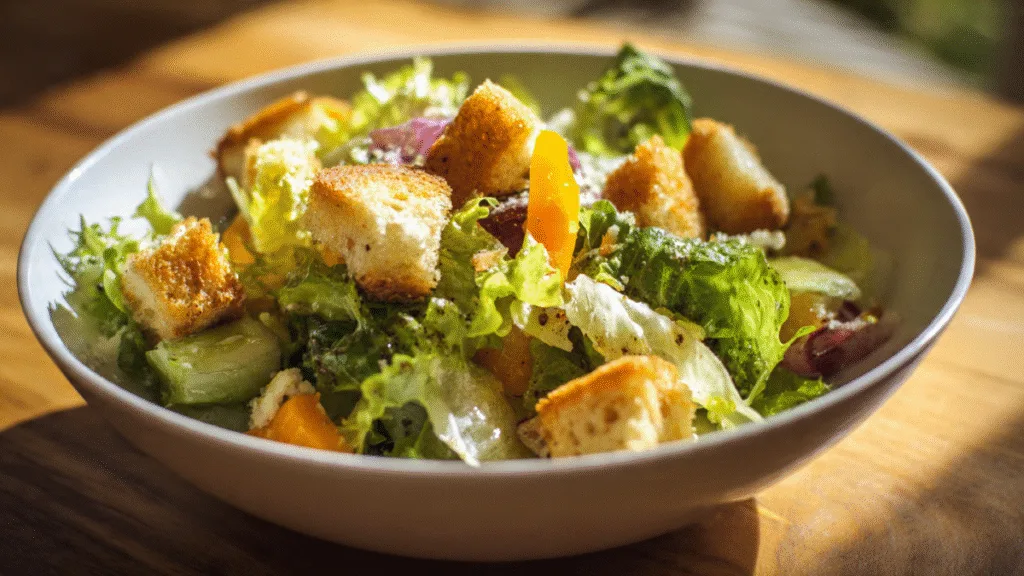 Homemade Croutons: Crispy, Flavorful & Surprisingly Easy! Homemade Croutons Fresh garden salad with crunchy, golden homemade croutons and a light dressing in a white bowl.