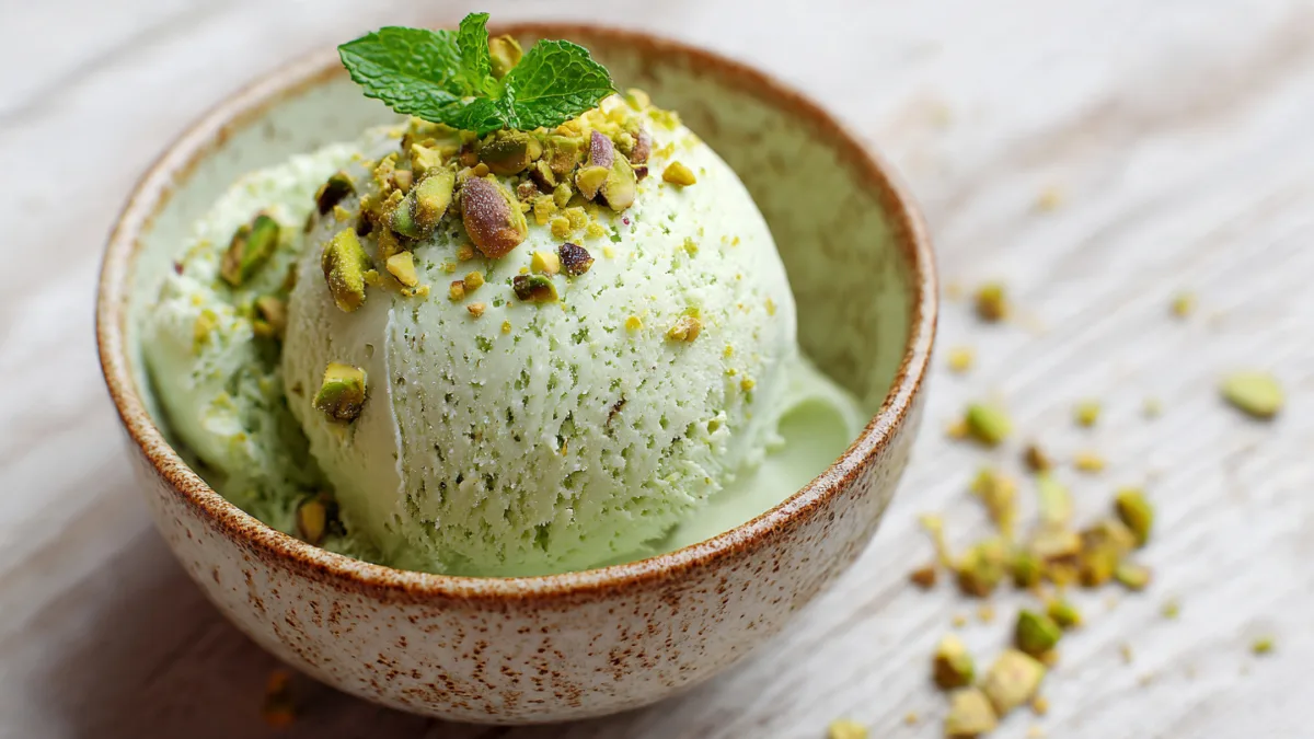 Homemade Pistachio Ice Cream: Your New Favorite Creamy, Dreamy Dessert Pistachio Ice Cream Homemade pistachio ice cream scoop in a bowl, garnished with pistachios and mint, showcasing creamy texture and vibrant green color.