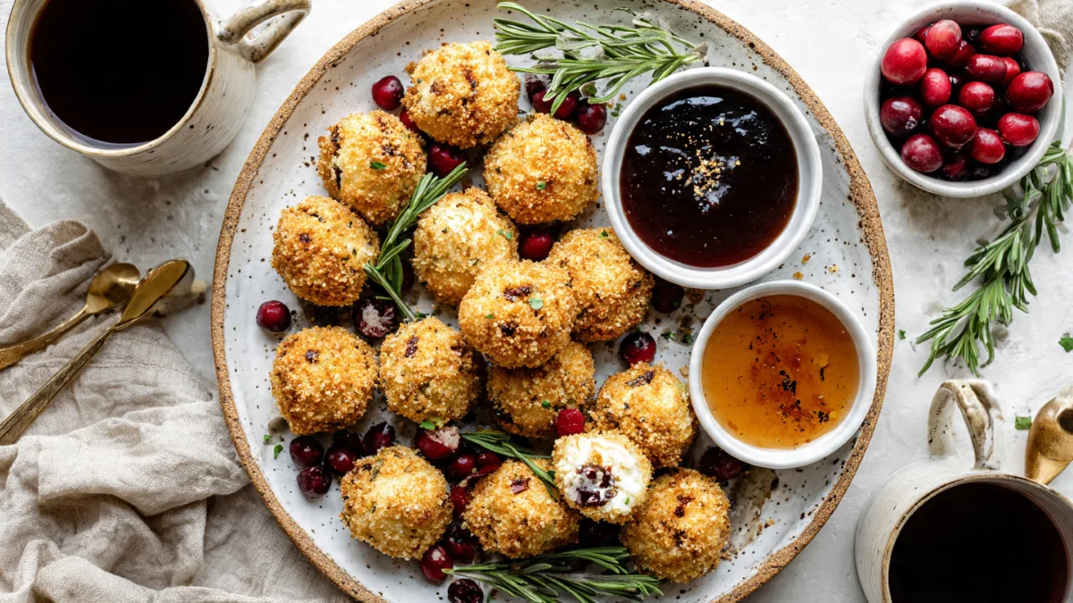 Hot Honey & Cranberry Goat Cheese Balls Cranberry Goat Cheese Balls Hot Honey & Cranberry Goat Cheese Balls appetizer with hot honey drizzle and fresh cranberries on a wooden board.