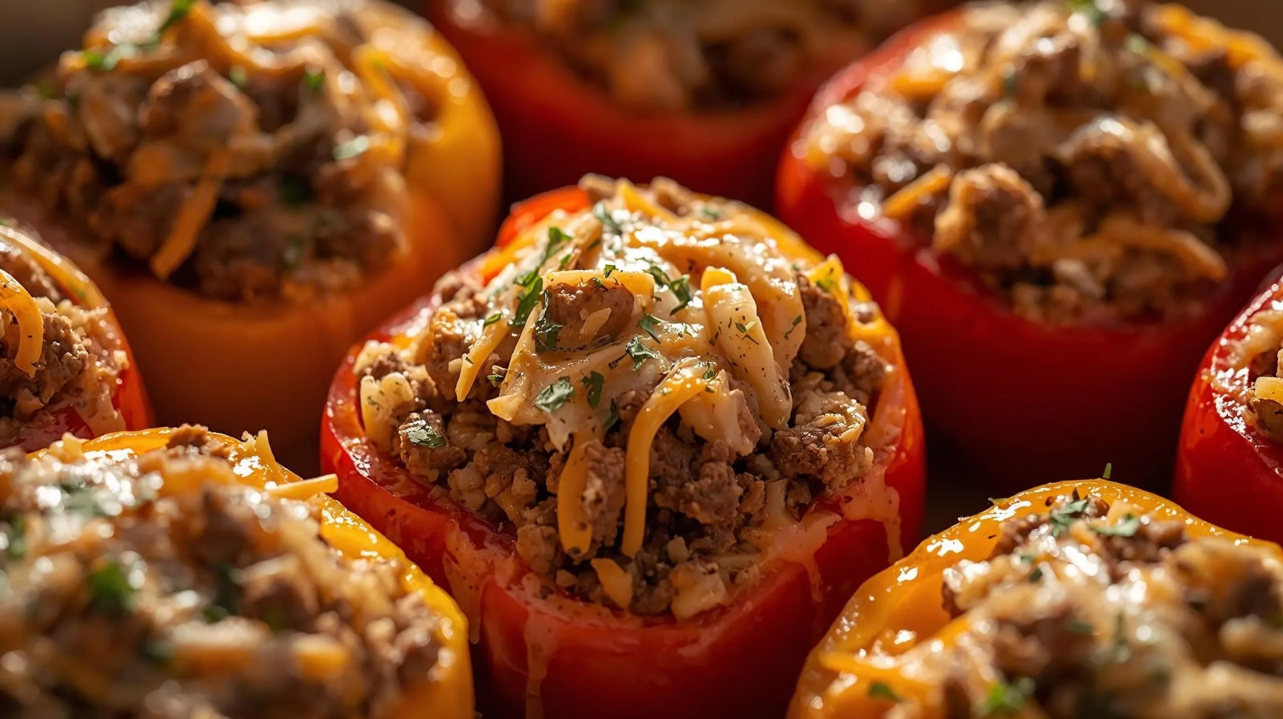 Keto Stuffed Peppers with Cauliflower Rice, baked in a dish with melted cheese