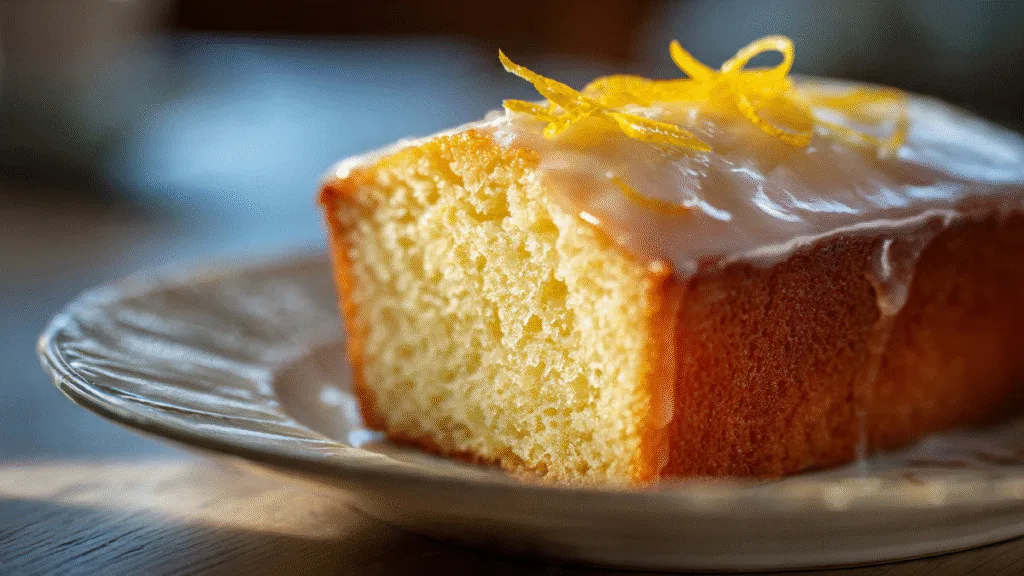 Lemon Loaf Recipe: Your Zesty Escape from the Ordinary Lemon Loaf Delicious slice of lemon loaf with lemon glaze and zest on a white plate.
