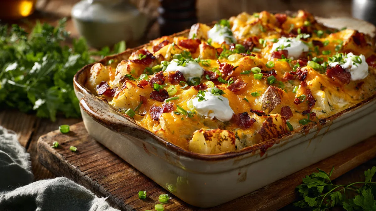 Loaded Chicken and Potato Casserole bubbling with cheese and bacon in a baking dish