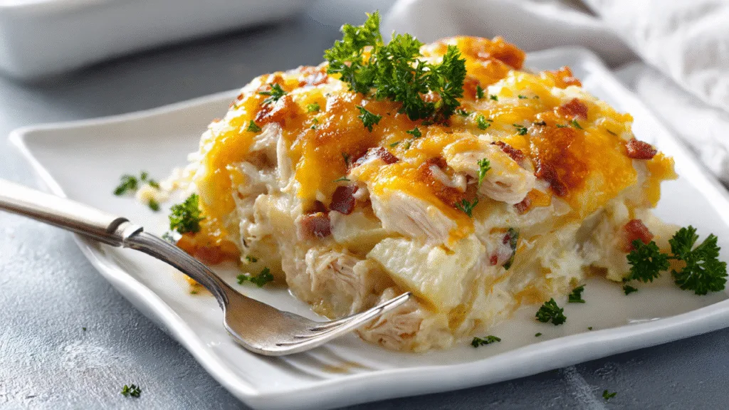 A single serving of Loaded Chicken and Potato Casserole on a white plate with chives