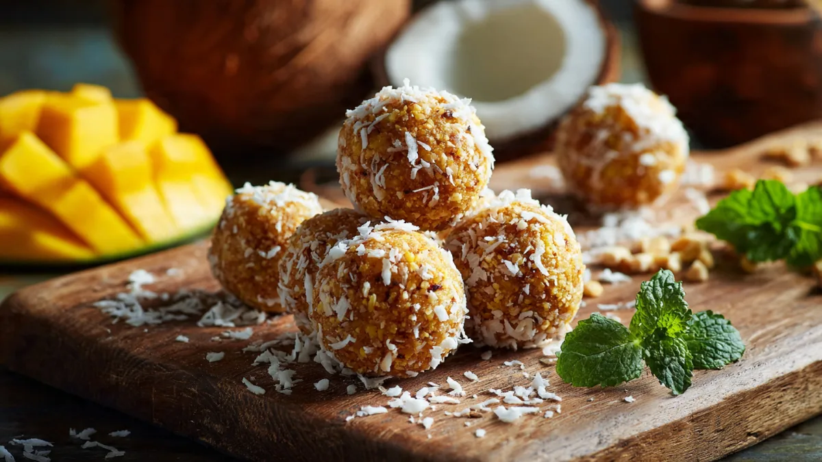 Mango Coconut Energy Balls: Your New Tropical Obsession Mango Coconut Energy Balls Delicious mango coconut energy balls arranged on a wooden board with fresh ingredients, highlighting a healthy and quick snack.