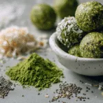 Healthy no-bake Matcha Green Tea Energy Balls stacked in a ceramic bowl with coconut flakes and chia seeds.