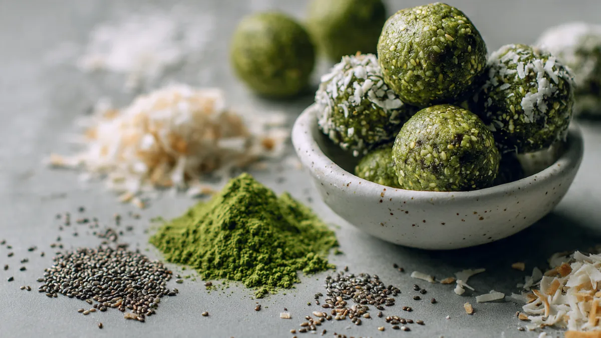 Matcha Energy Balls: The Delicious Way to Boost Natural Energy! Matcha Energy Balls Healthy no-bake Matcha Green Tea Energy Balls stacked in a ceramic bowl with coconut flakes and chia seeds.