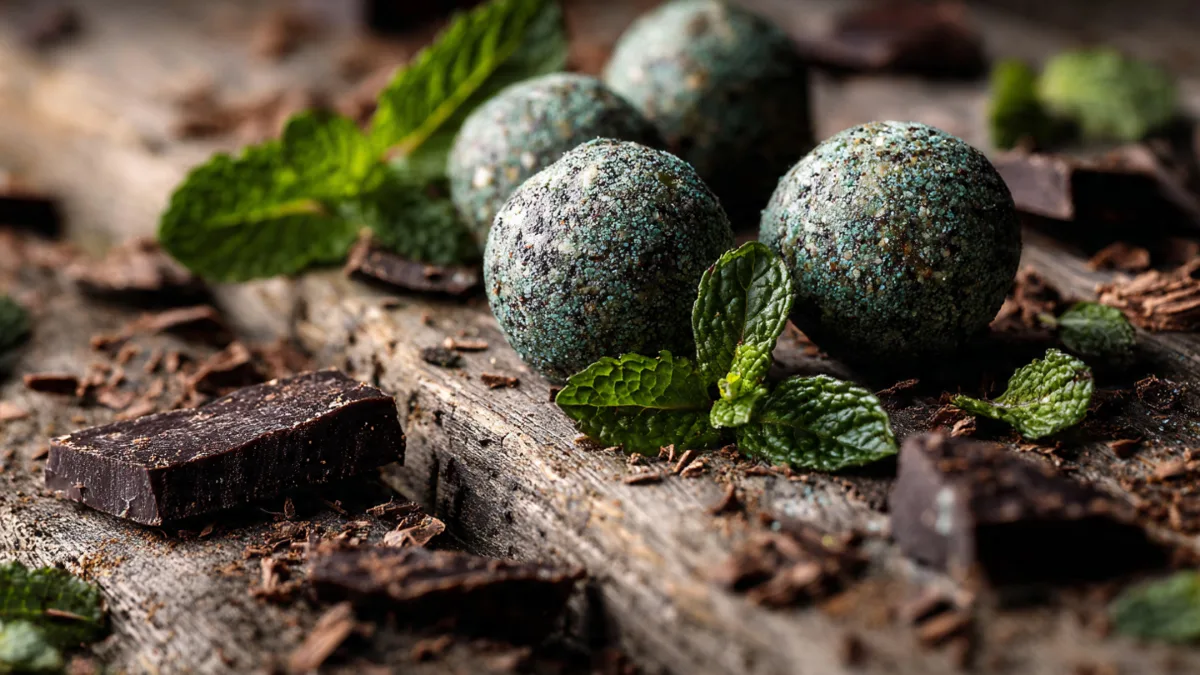 Mint chocolate protein balls with fresh mint and chocolate shavings