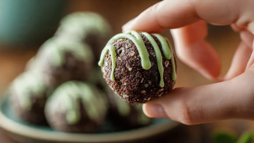Hand holding a mint chocolate protein ball with chocolate drizzle