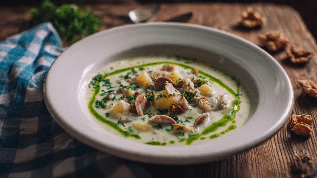 Creamy New England Clam Chowder with a Poblano Pepper Kick