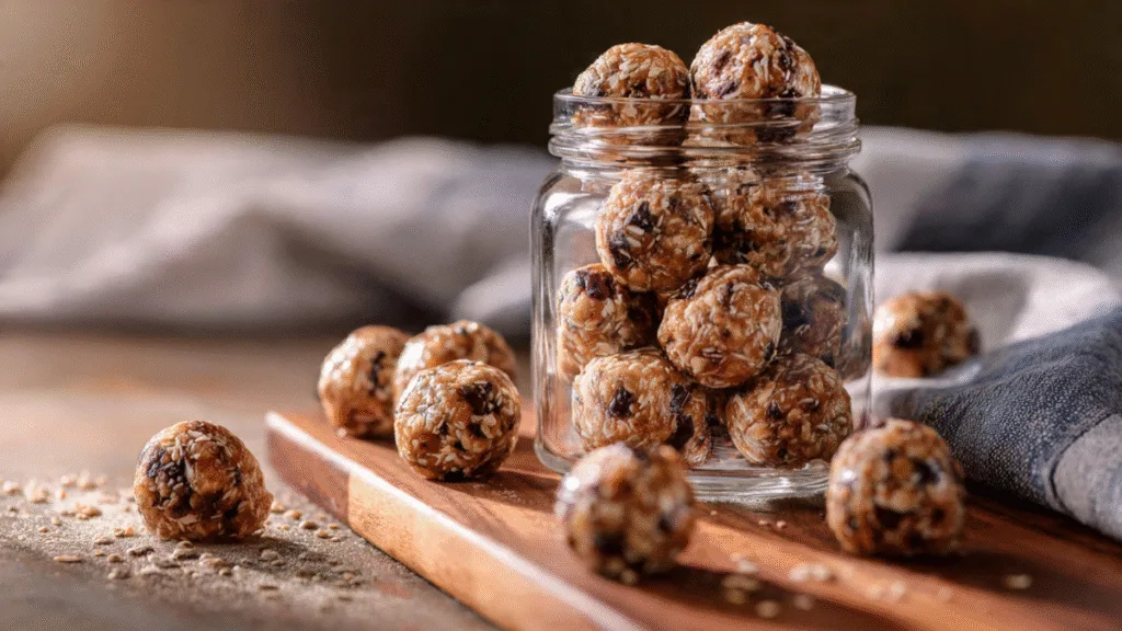 High-Protein Peanut Butter Balls: Quick No-Bake Treats for Maximum Energy Energy Ball Finished batch of No-Bake Peanut Butter Energy Balls stacked in a small jar for meal prep.