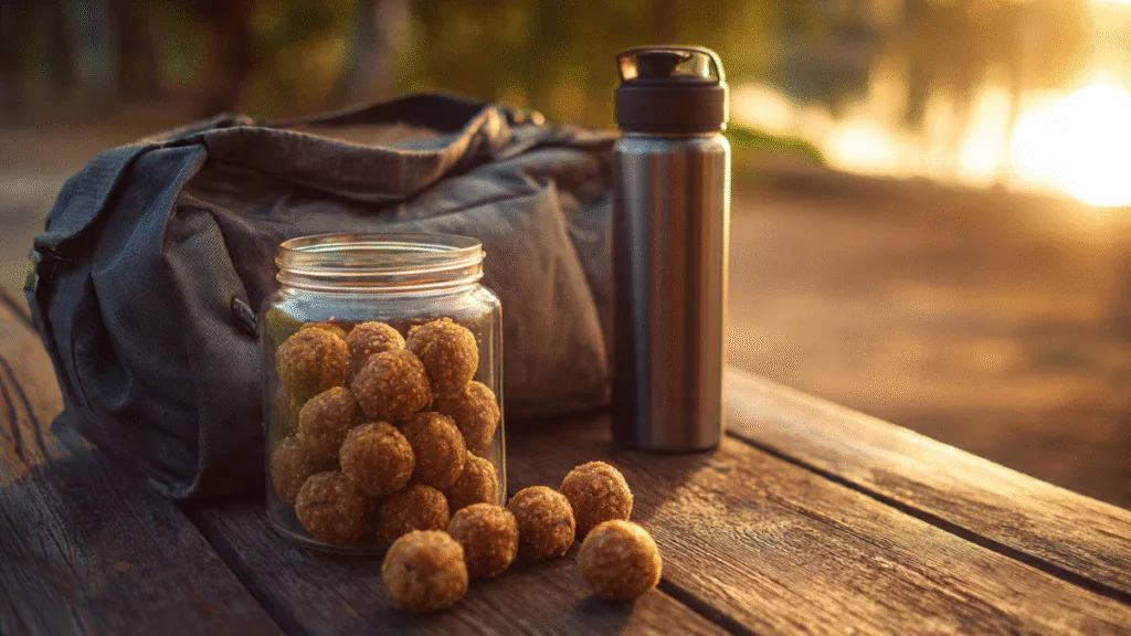 A glass jar of freshly made, peanut butter **protein balls** ready to grab-and-go as a post-workout **snack** or energy bite.