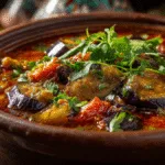 Persian Eggplant Stew (Khoresh Bademjan) simmering in a rustic pot, garnished with fresh herbs.