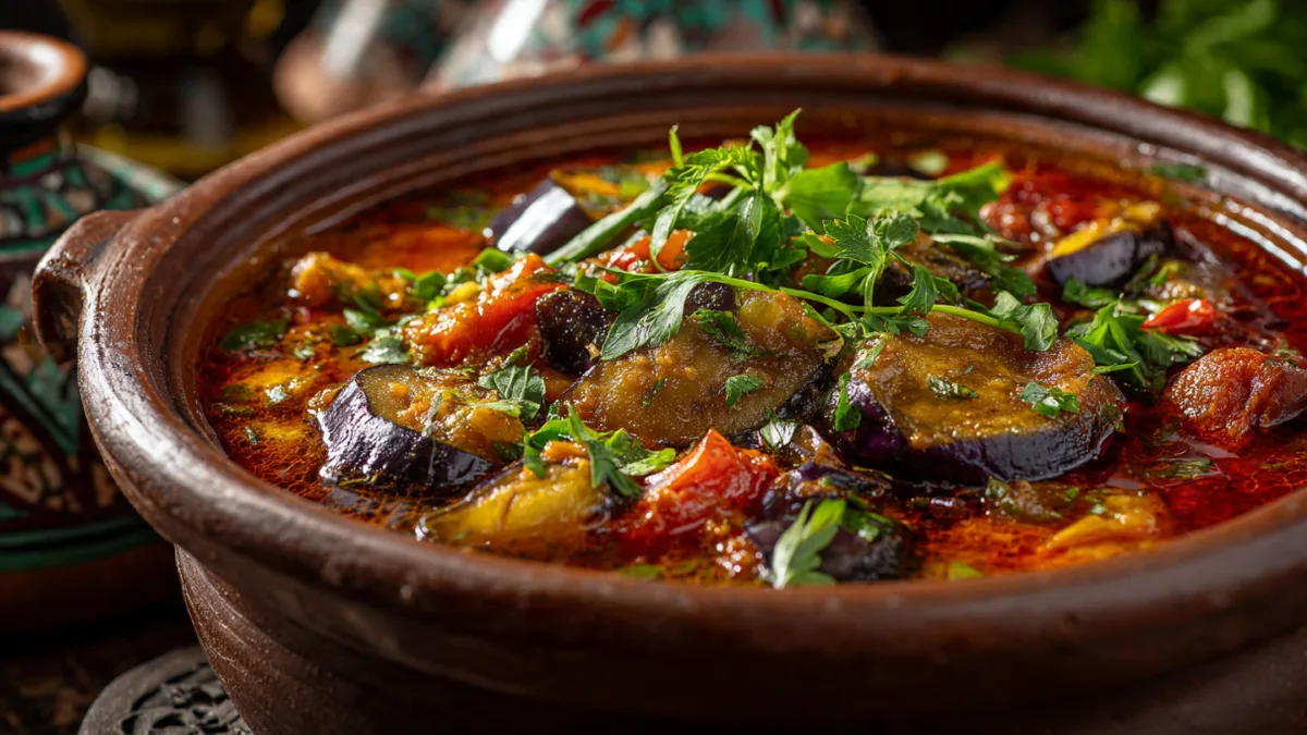 Persian Eggplant Stew (Khoresh Bademjan) simmering in a rustic pot, garnished with fresh herbs.