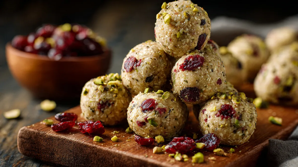Pistachio Cranberry Protein Balls: Your Delicious & Healthy Energy Boost Pistachio Cranberry Protein Balls Delicious Pistachio Cranberry Protein Balls stacked on a wooden board, garnished with cranberries and pistachios for a healthy snack