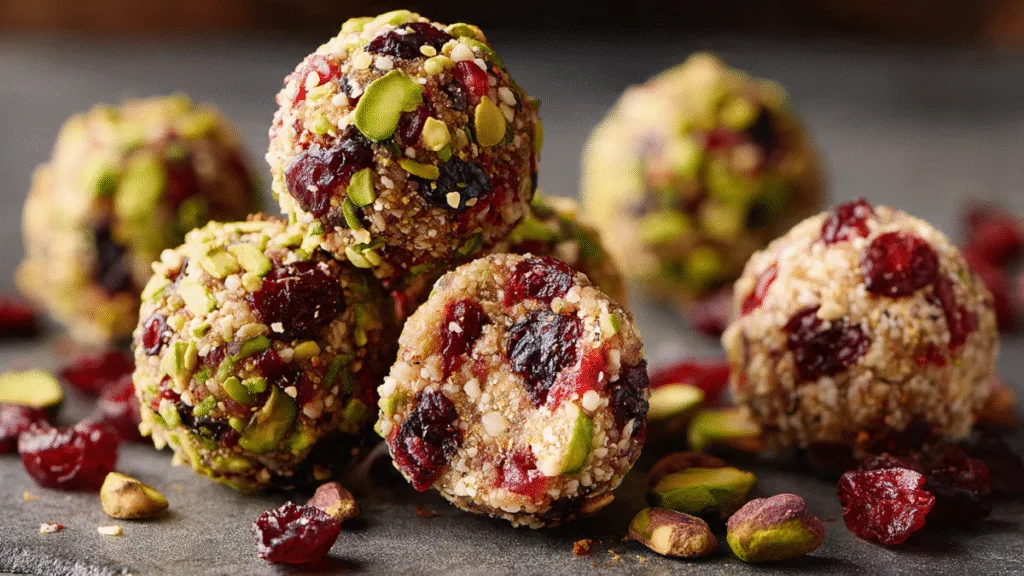 Pistachio Cranberry Protein Balls: Your Delicious & Healthy Energy Boost Pistachio Cranberry Protein Balls freshly made Pistachio Cranberry Protein Ball from a bowl, ready for a quick and healthy energy boost