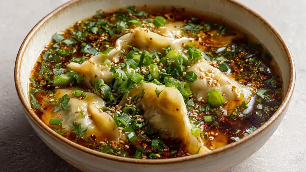 Bowl of steaming potsticker soup garnished with green onions and cilantro