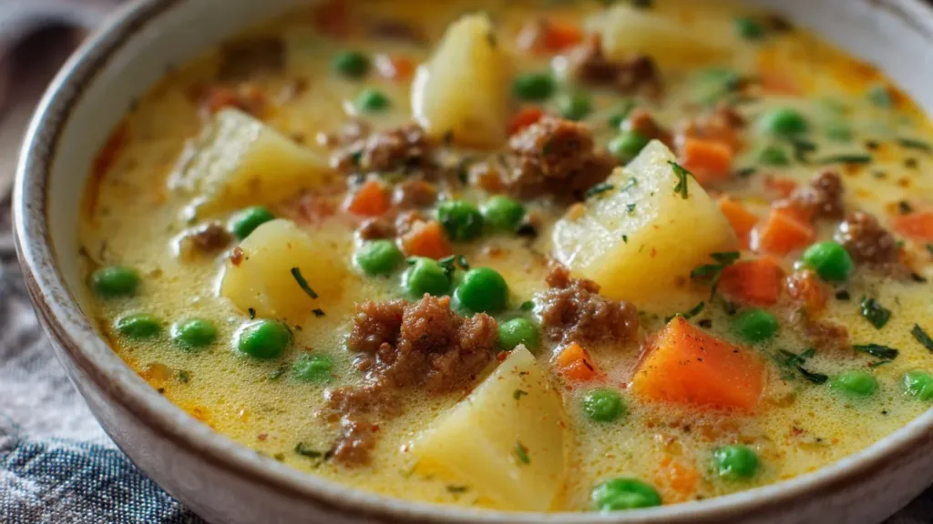 Bowl of protein-packed shepherd's pie soup with vegetables and meat