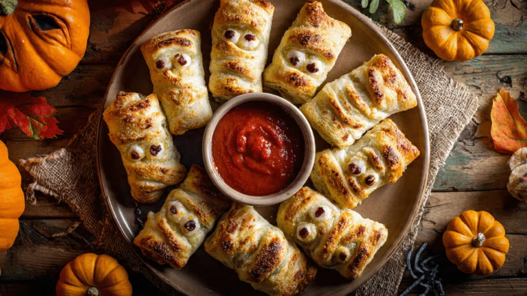  Platter of freshly baked puff pastry mummies with marinara sauce, ready to serve at a Halloween gathering.