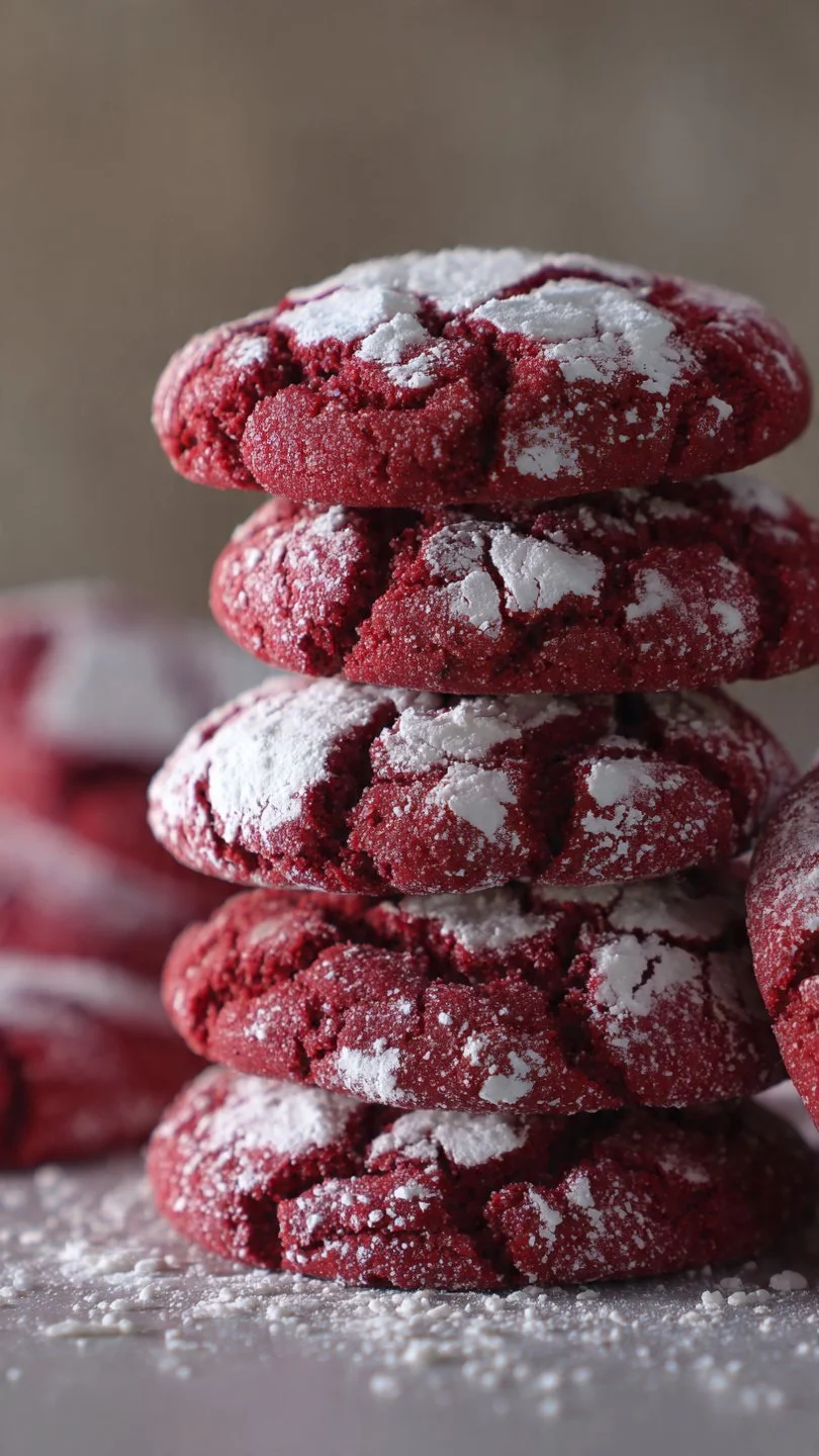Freshly baked red velvet crinkle cookies on a cooling rack