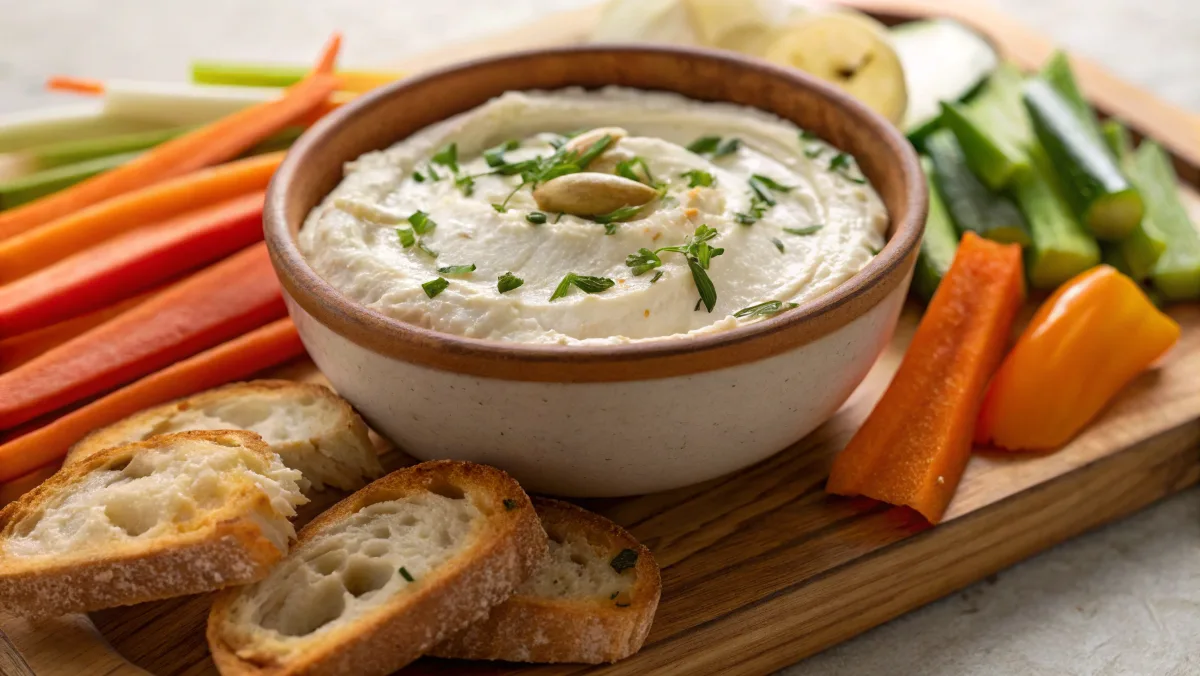 Roasted Garlic Goat Cheese Dip served on a wood board with baguette and vegetables