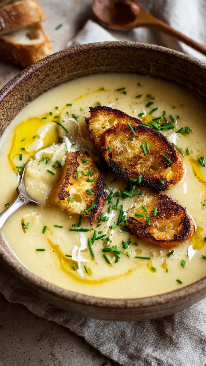 Roasted Garlic Potato Soup with Grilled Cheese Croutons – Creamy, homemade comfort food