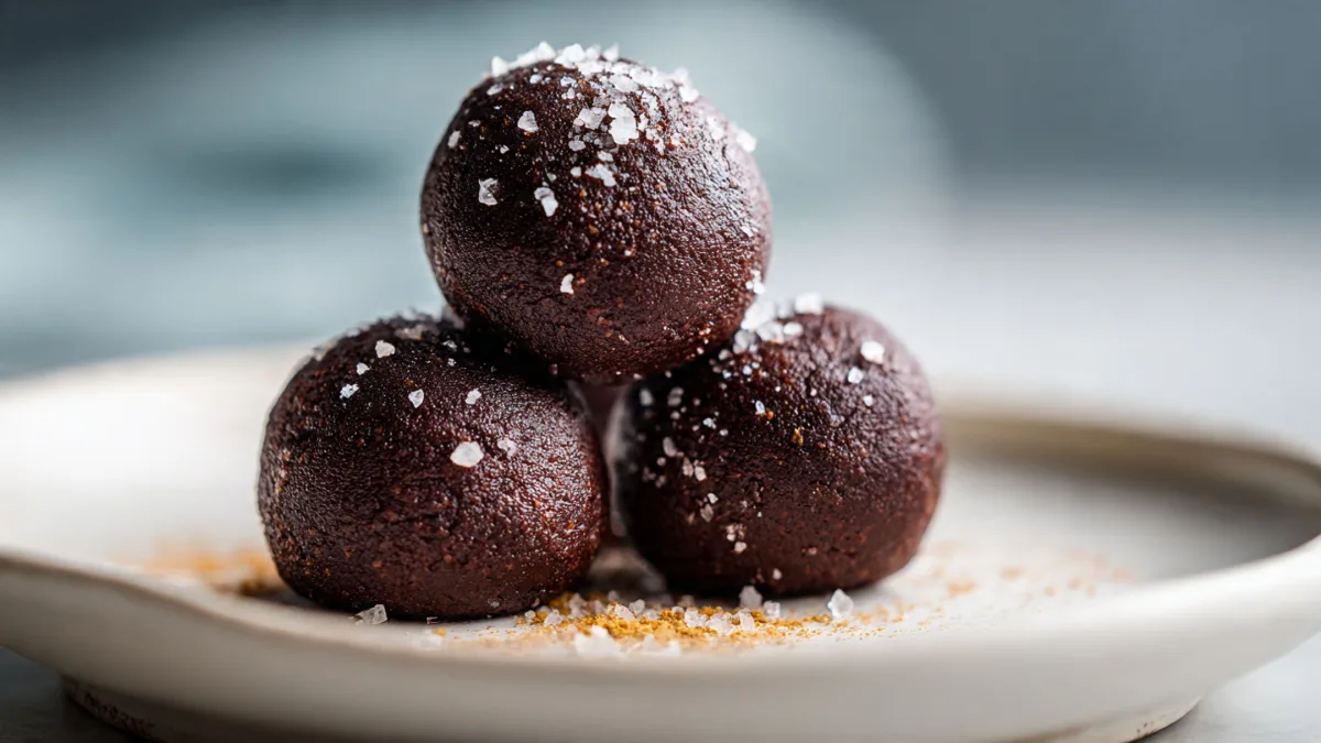 Close-up of three delicious salted chocolate brownie balls on a white plate, showcasing their fudgy texture and sea salt sprinkle.