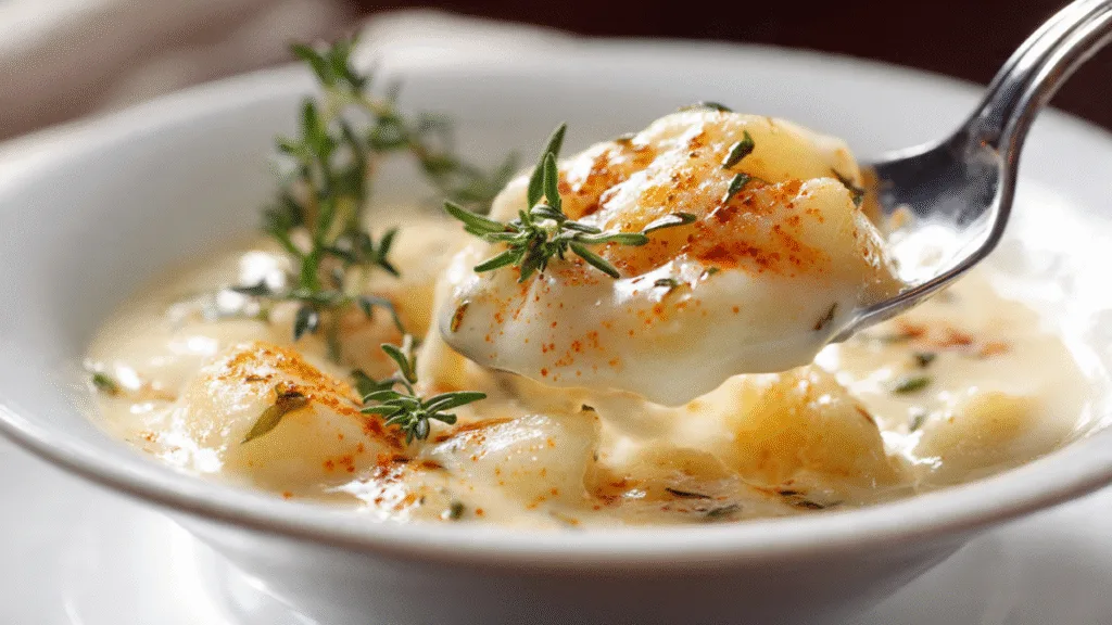 Close-up of a spoonful of Smoked Gouda & Thyme Creamy Potato Soup being lifted, showing creamy texture and garnishes like thyme and bacon bits.