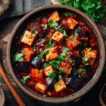 Spicy Garlic Aubergine and Tofu Stew in a rustic bowl, garnished with cilantro, overhead view.