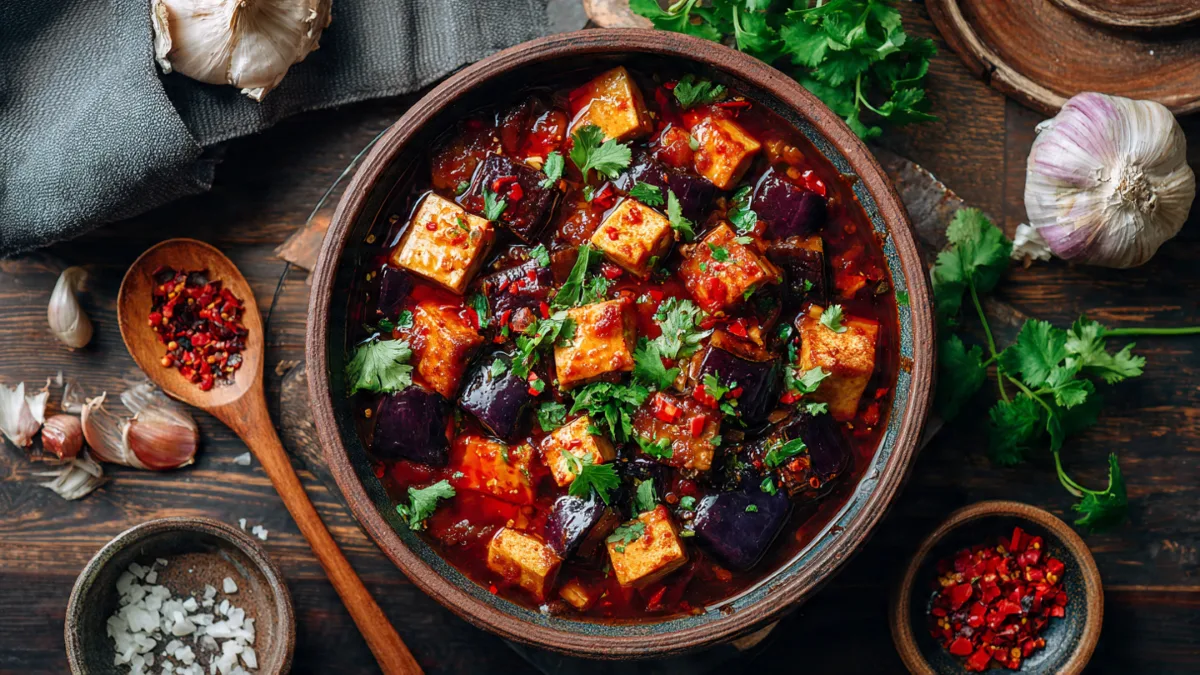 Spicy Garlic Aubergine and Tofu Stew in a rustic bowl, garnished with cilantro, overhead view.