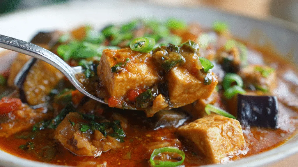 Close-up of a serving of Spicy Garlic Aubergine and Tofu Stew with a spoon, showing rich textures.