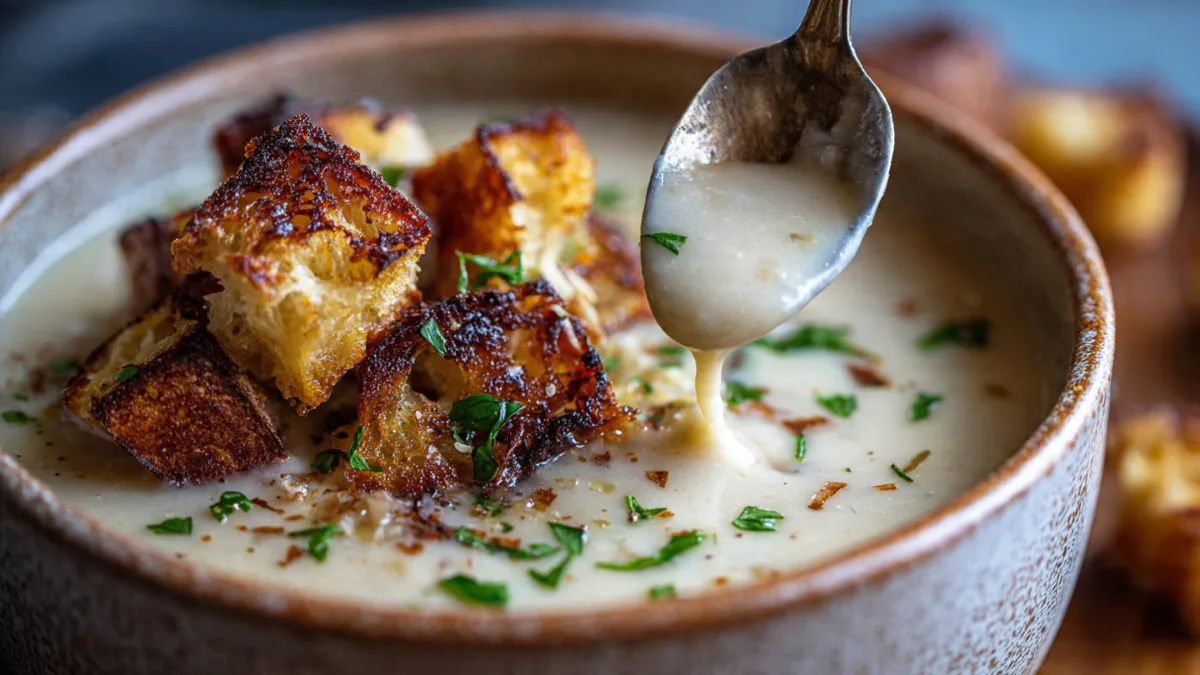 Spoonful of rich Roasted Garlic Potato Soup and crispy grilled cheese croutons