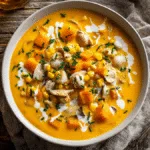 Sweet Potato and Corn Clam Chowder bowl with chives on a wooden table
