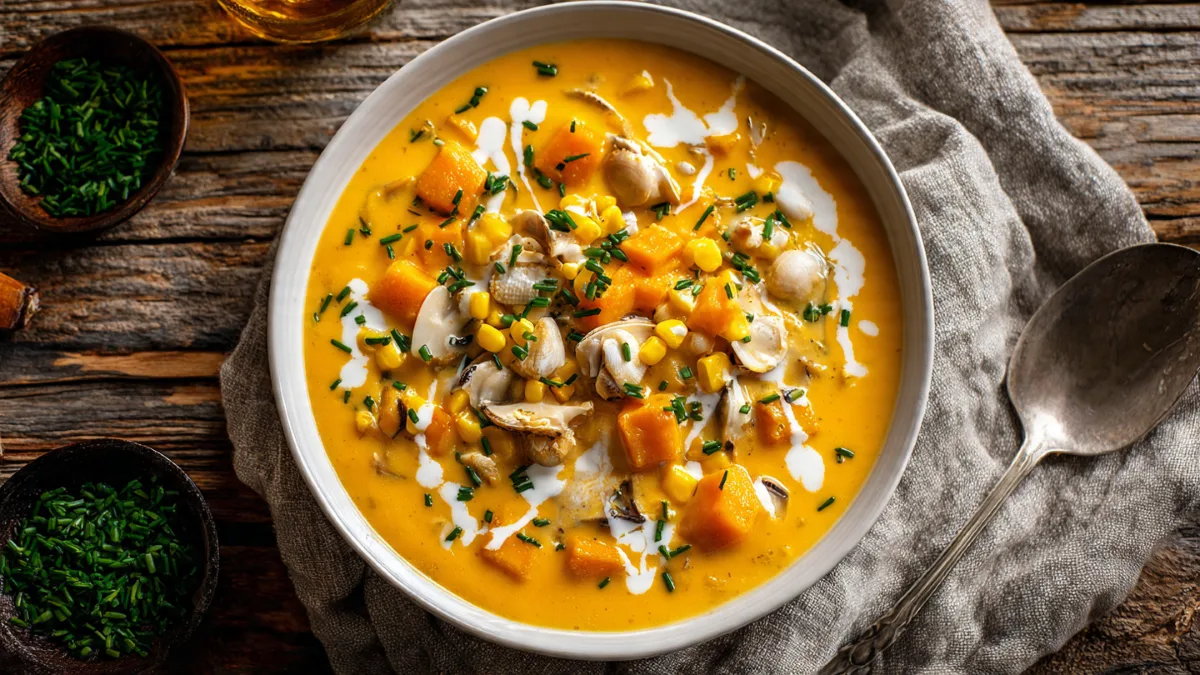 Sweet Potato and Corn Clam Chowder: Your New Favorite Bowl Of Soup Sweet Potato and Corn Clam Chowder Sweet Potato and Corn Clam Chowder bowl with chives on a wooden table