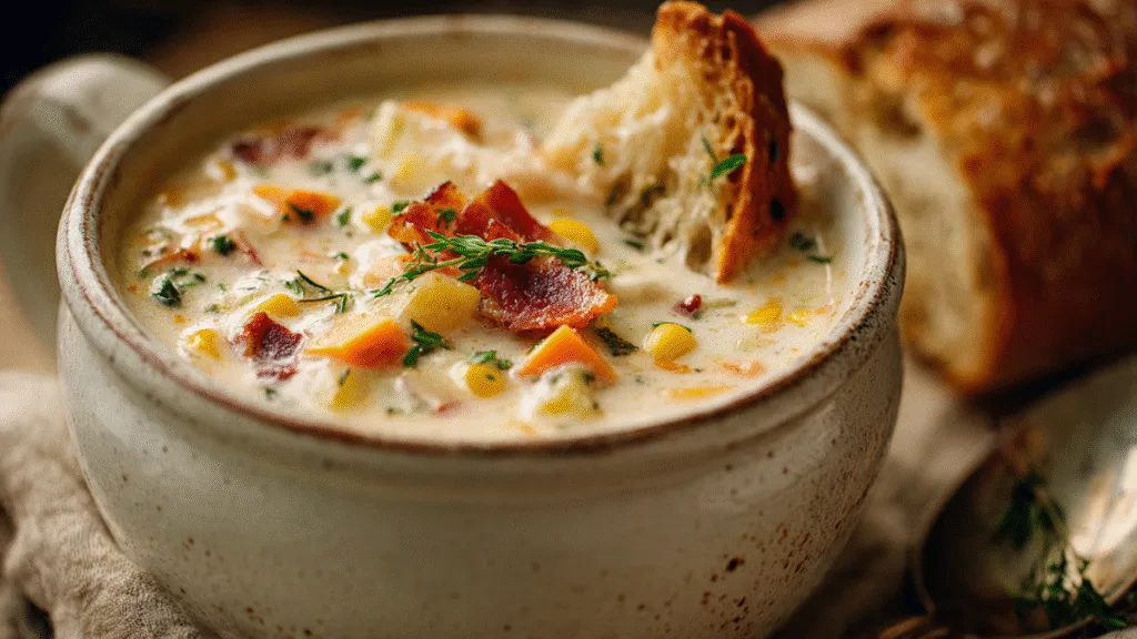Sweet Potato and Corn Clam Chowder: Your New Favorite Bowl Of Soup Sweet Potato and Corn Clam Chowder Close-up of a serving of Sweet Potato and Corn Clam Chowder with sourdough bread