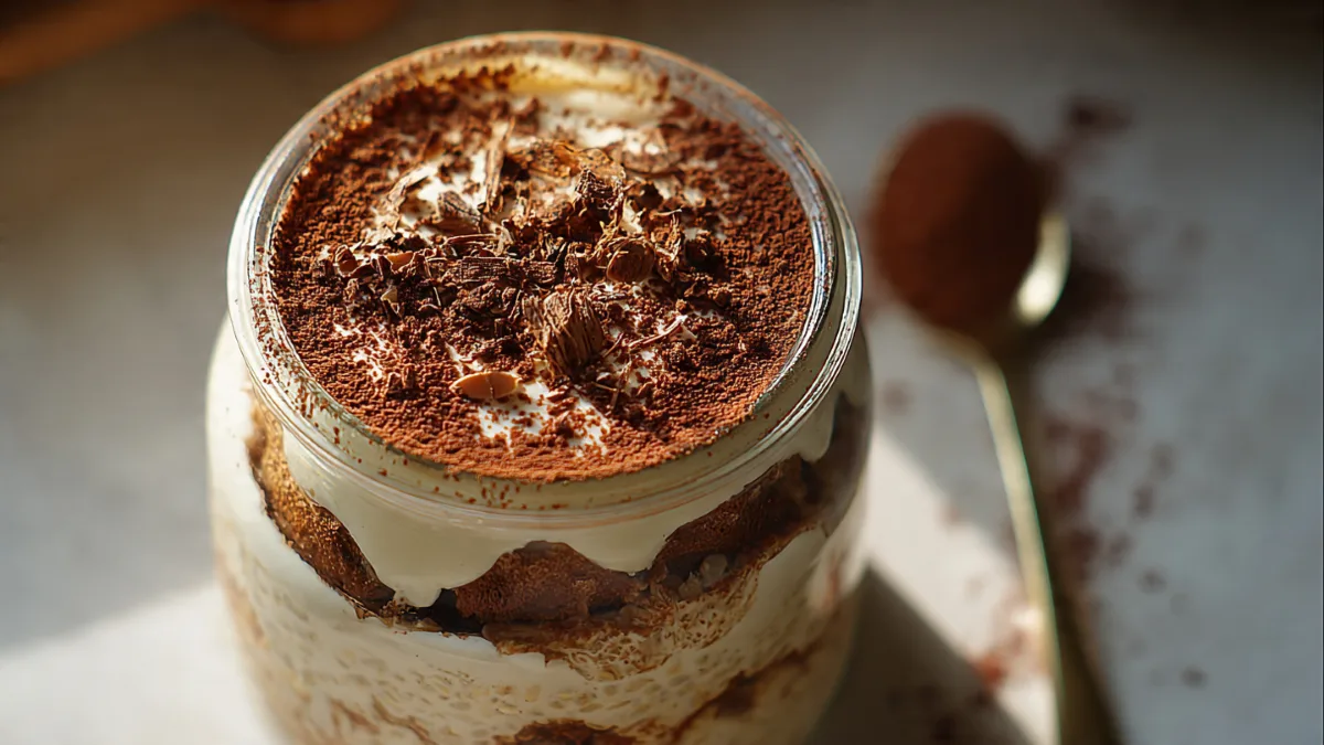 Tiramisu Overnight Oats: Your New Breakfast Obsession (Seriously!) Tiramisu Overnight Oats Decadent Tiramisu Overnight Oats layered in a glass jar, topped with cocoa powder