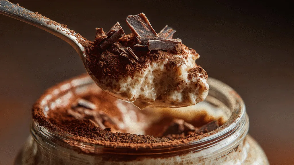 Tiramisu Overnight Oats: Your New Breakfast Obsession (Seriously!) Tiramisu Overnight Oats Spoonful of creamy Tiramisu Overnight Oats being scooped from a jar, showing layers and cocoa dusting.