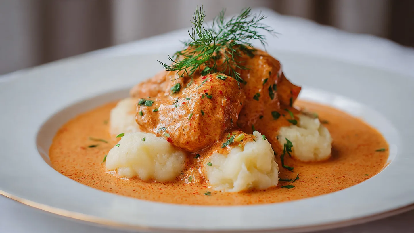 Traditional Hungarian Chicken Paprikash with Lecsó Base Lecsó A plated serving of Traditional Hungarian Chicken Paprikash with Lecsó base and nokedli.