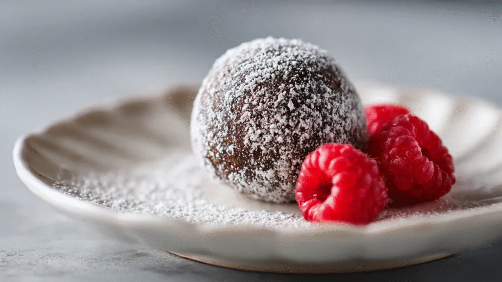 Delicious Valentine’s Day Chocolate Raspberry Protein Balls served on a plate with fresh raspberries.