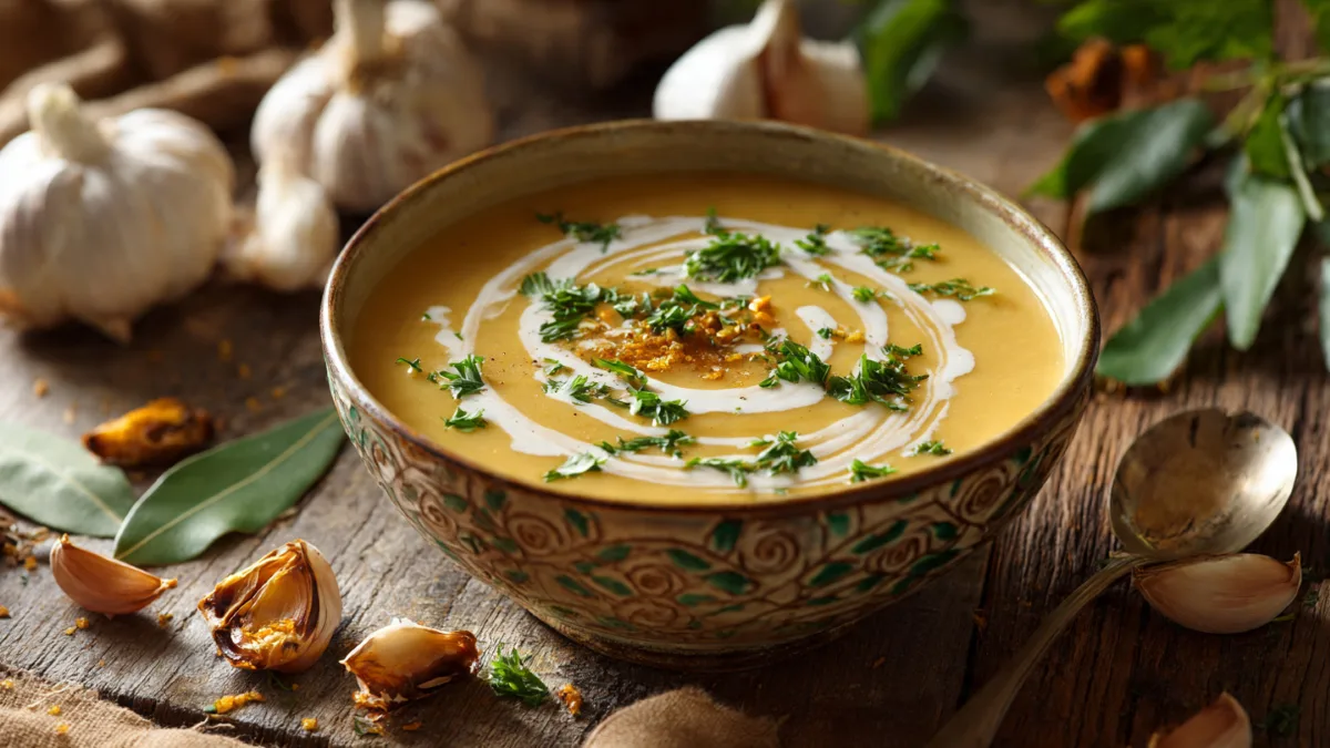 Creamy Vegan Roasted Garlic and White Bean Potato Soup in a rustic bowl, garnished with fresh herbs, steaming gently on a wooden table.