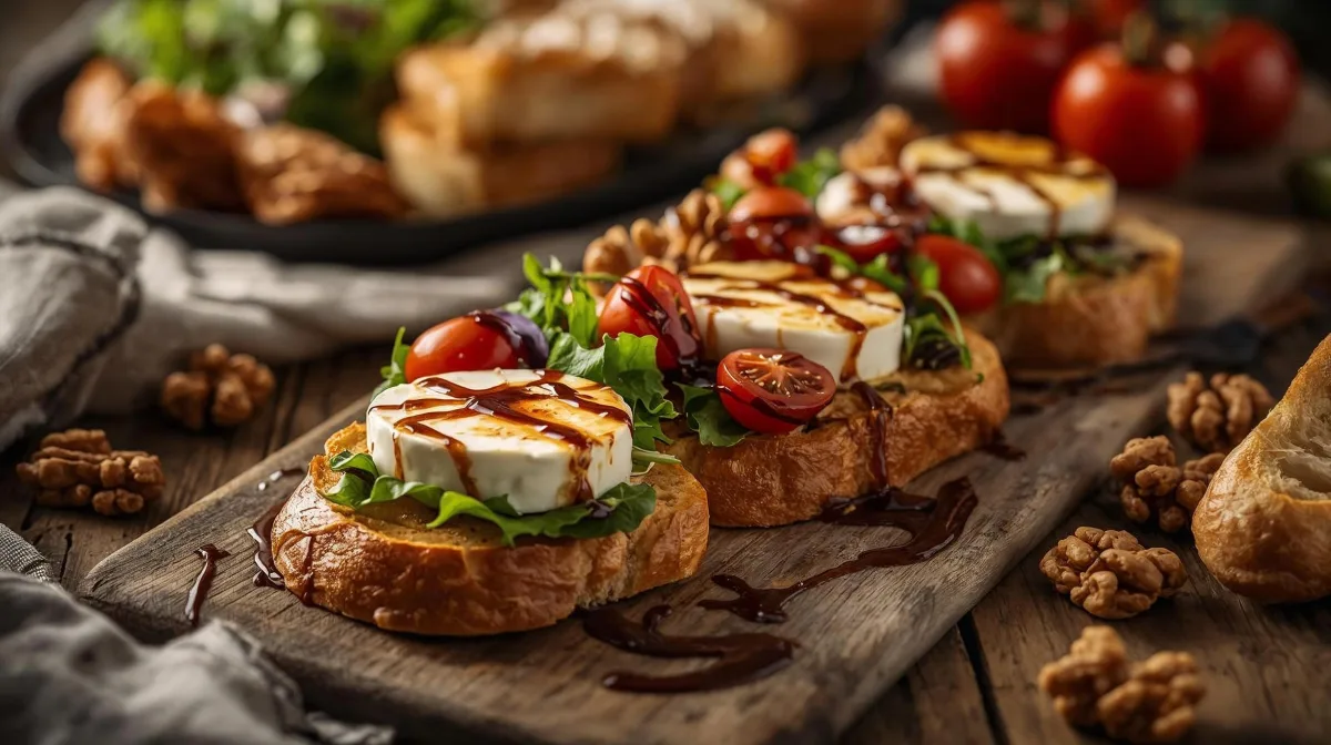 Warm French Goat Cheese Salad with toasted baguette, fresh greens, and balsamic glaze